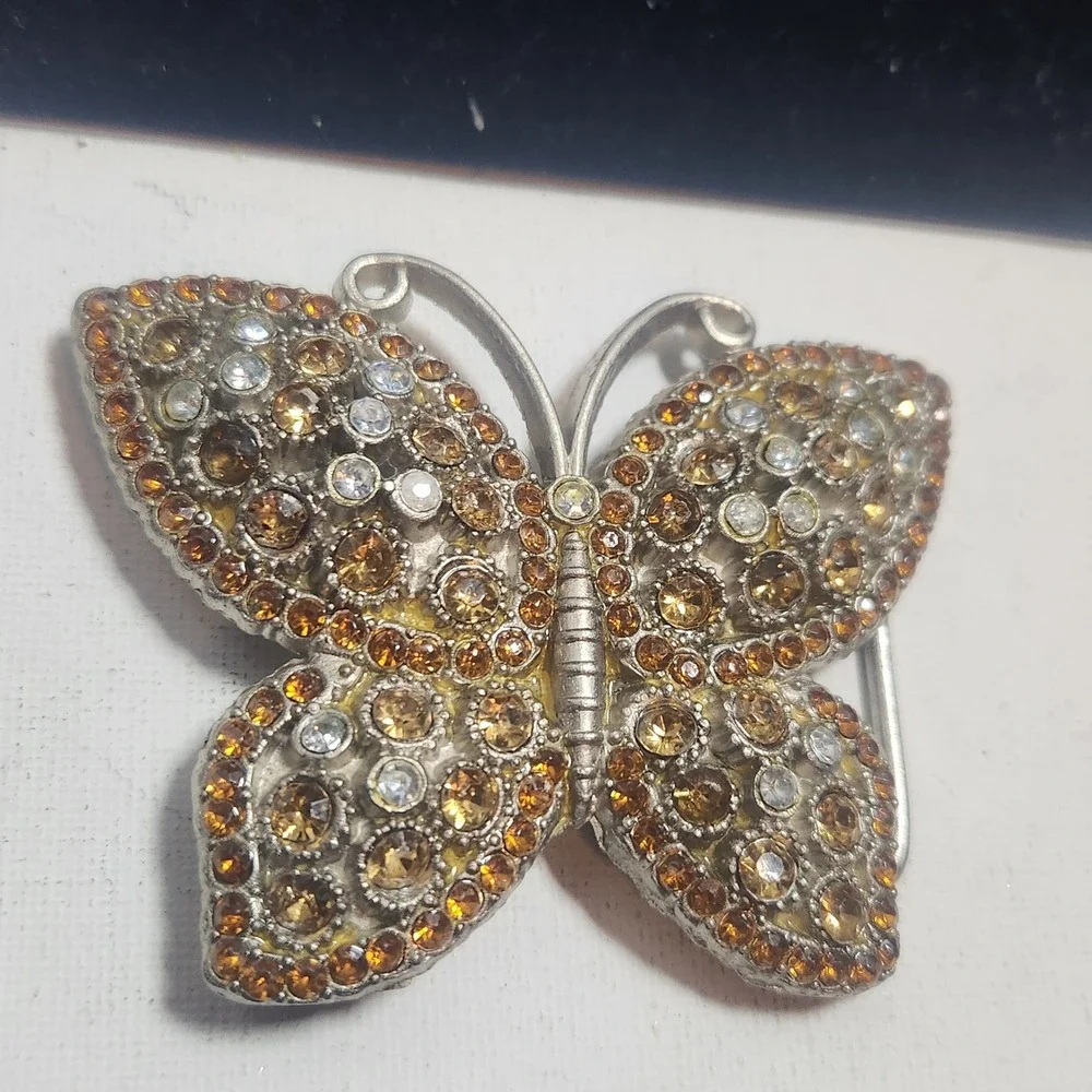 Vintage Butterfly Belt Buckle‎ Amber Topaz Rhinestone Crystal Silver Tone Boho